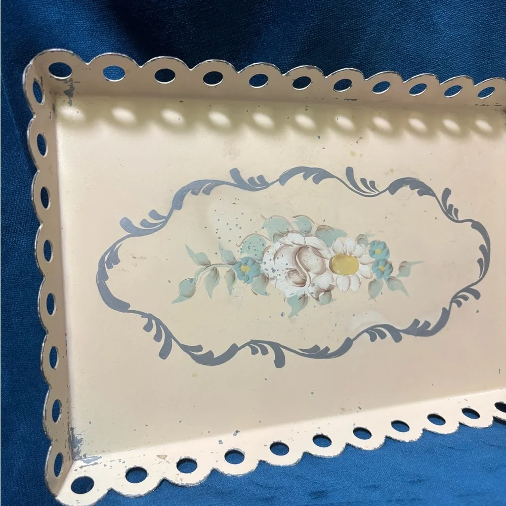 Vintage Hand-Painted “ Toleware” Floral Cream/Peach Decorative Tray